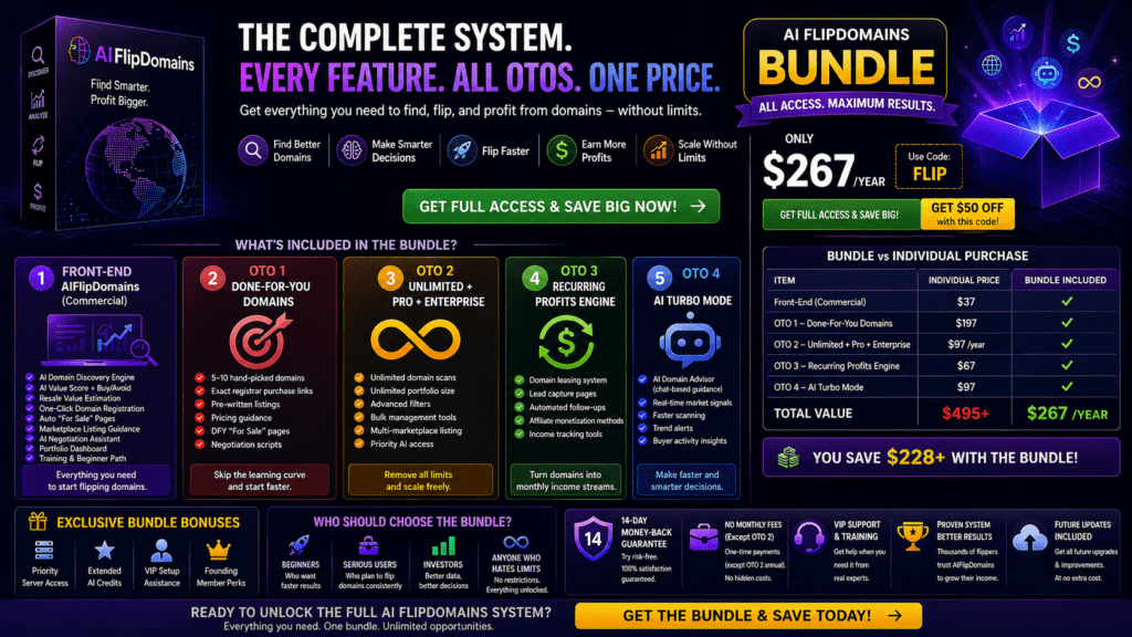 AIFlipDomains bundle overview showing complete system with all features, OTO upgrades, pricing comparison, and savings in a wide 16:9 marketing layout