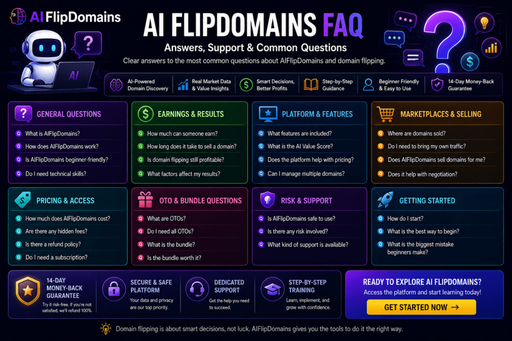 AIFlipDomains FAQ page design showing common questions, AI domain flipping support topics, pricing, features, and beginner guidance in a modern dark-themed layout