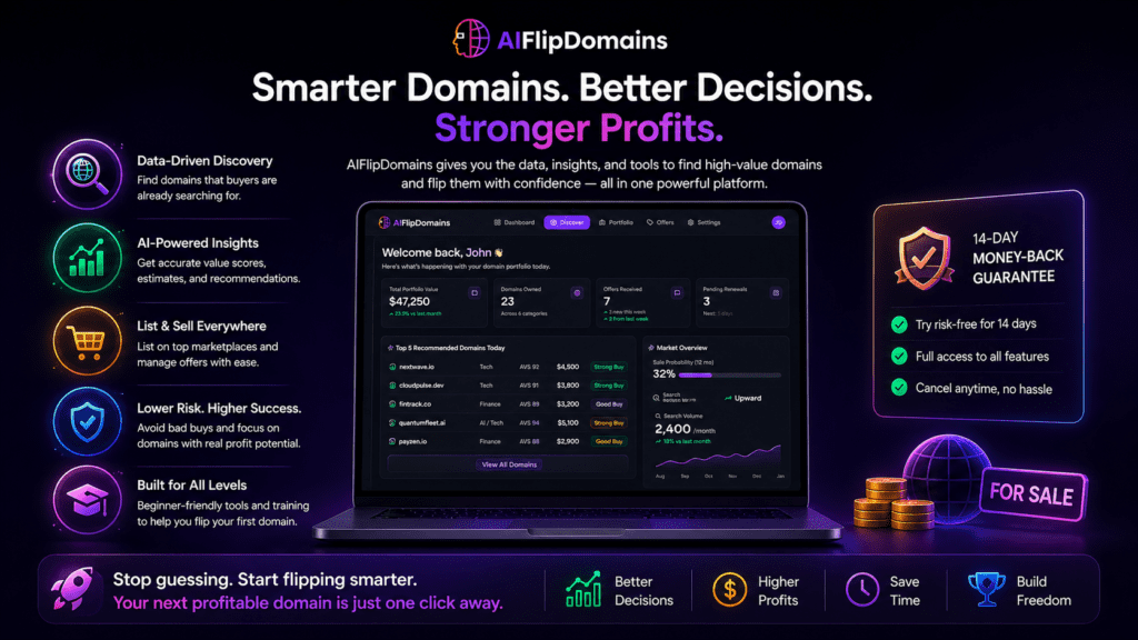 AIFlipDomains final section banner showing AI-powered domain flipping dashboard, profit growth indicators, and data-driven domain discovery system in a modern futuristic interface