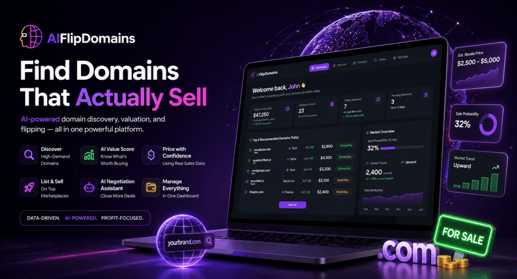 AIFlipDomains AI-powered domain flipping dashboard showing domain value score, resale price estimates, and market trend analysis interface