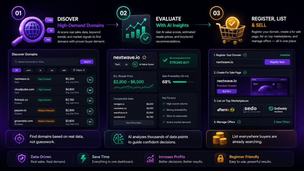 AIFlipDomains 3-step workflow showing domain discovery, AI evaluation with resale estimates, and domain registration and marketplace listing in a wide 16:9 dashboard-style interface