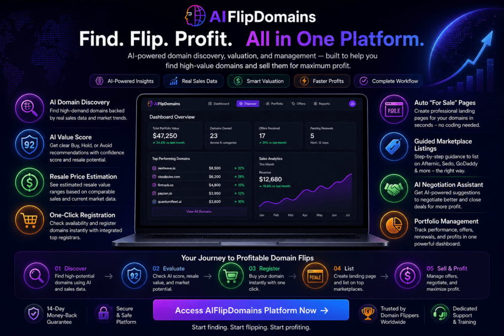 AIFlipDomains official platform dashboard showing AI domain discovery, value scoring, resale price estimation, and marketplace listing tools in a modern interface